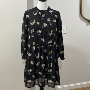 Ophelia Roe Black Floral Midi Dress Long Sleeve Size Large